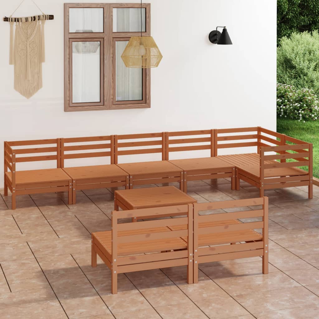 Set Salotto da Giardino 9 pz in Legno Massello di Pino Ambra