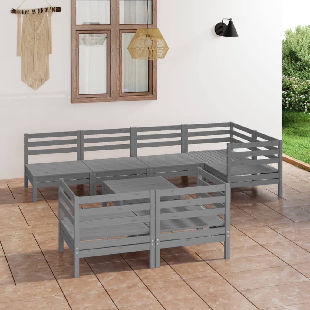 Set Salotto da Giardino 8 pz in Legno Massello di Pino Grigio