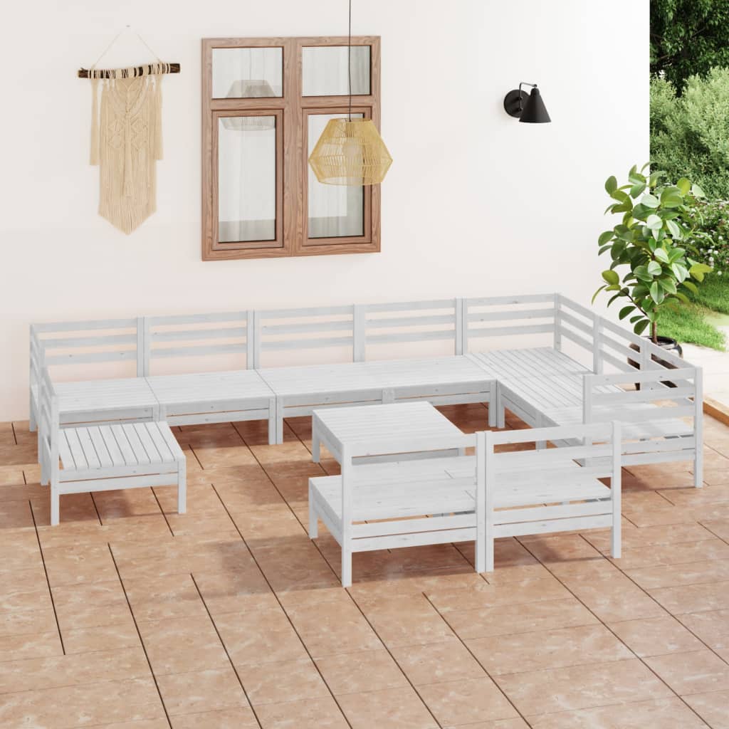Set Salotto da Giardino 11 pz in Legno Massello di Pino Bianco