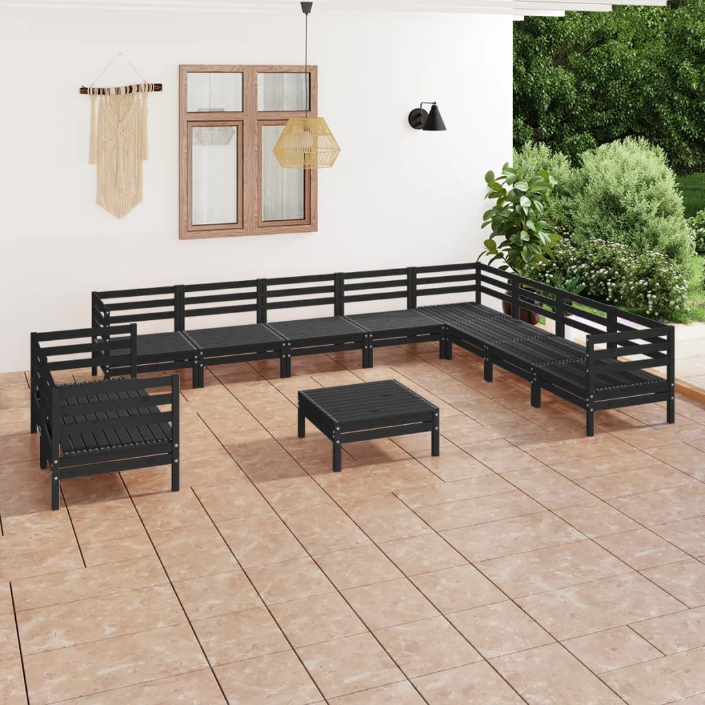 Set Salotto da Giardino 11 pz in Legno Massello di Pino Nero