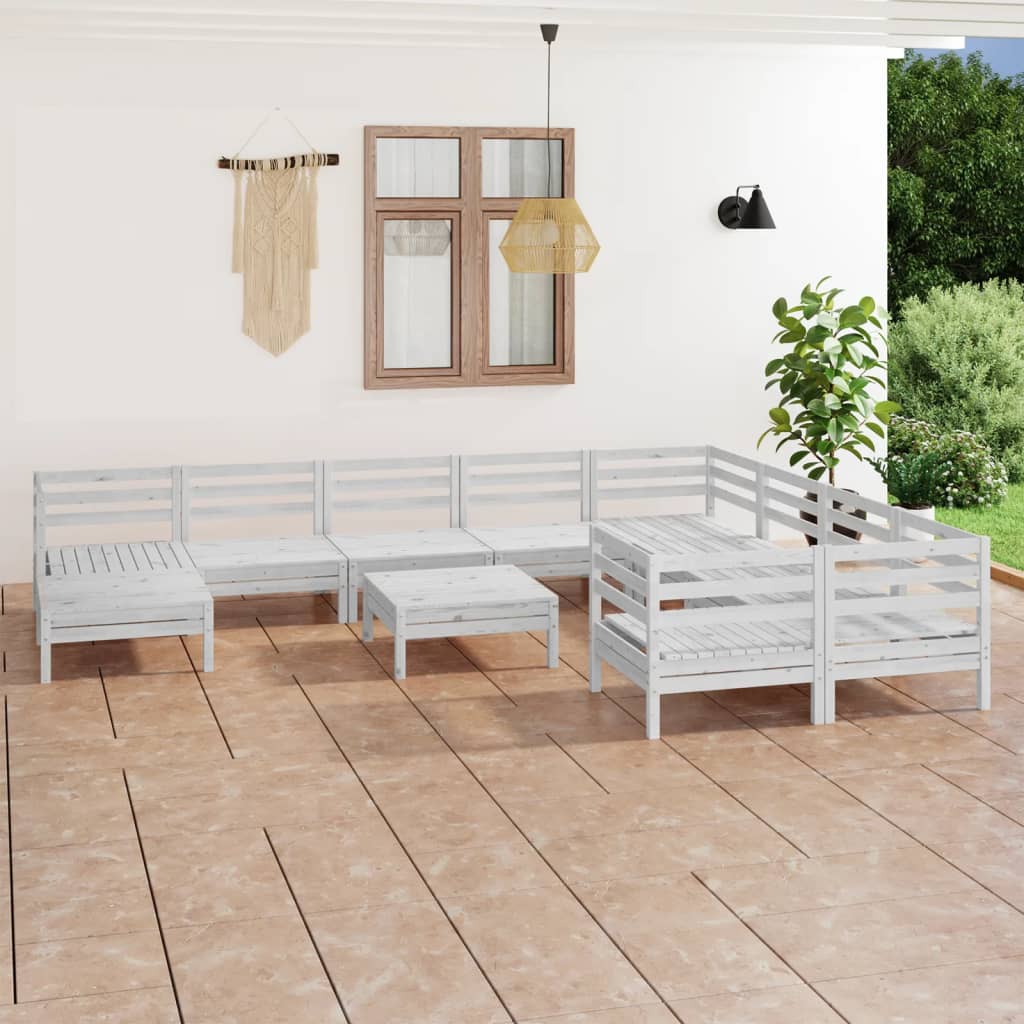 Set Salotto da Giardino 11 pz in Legno Massello di Pino Bianco