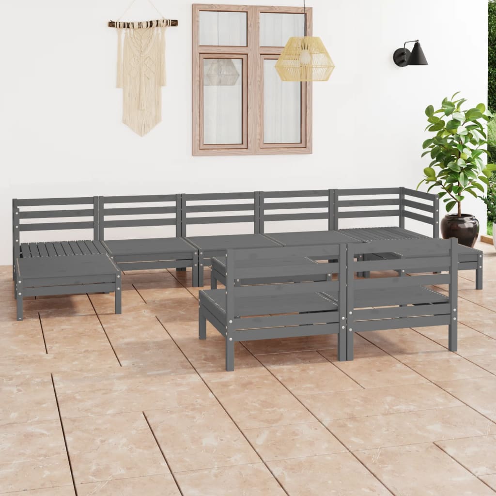 Set Salotto da Giardino 10 pz in Legno Massello di Pino Grigio
