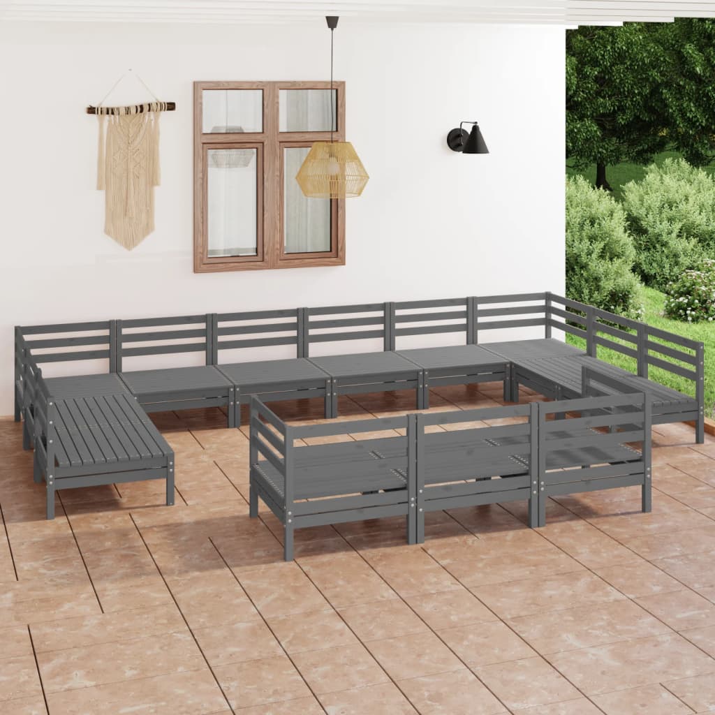 Set Salotto da Giardino 13 pz in Legno Massello di Pino Grigio