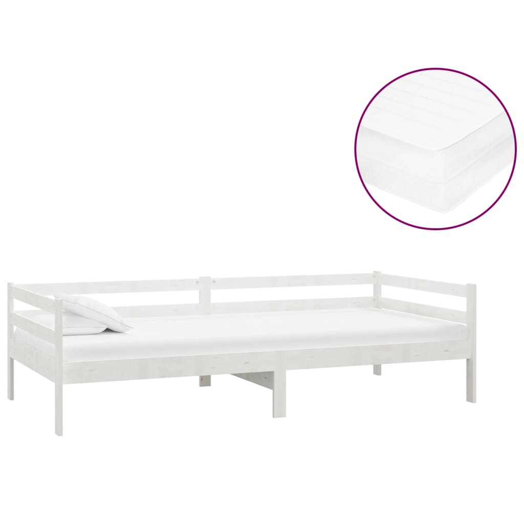 Divano Letto con Materasso 90x200 cm Bianco in Legno di Pino