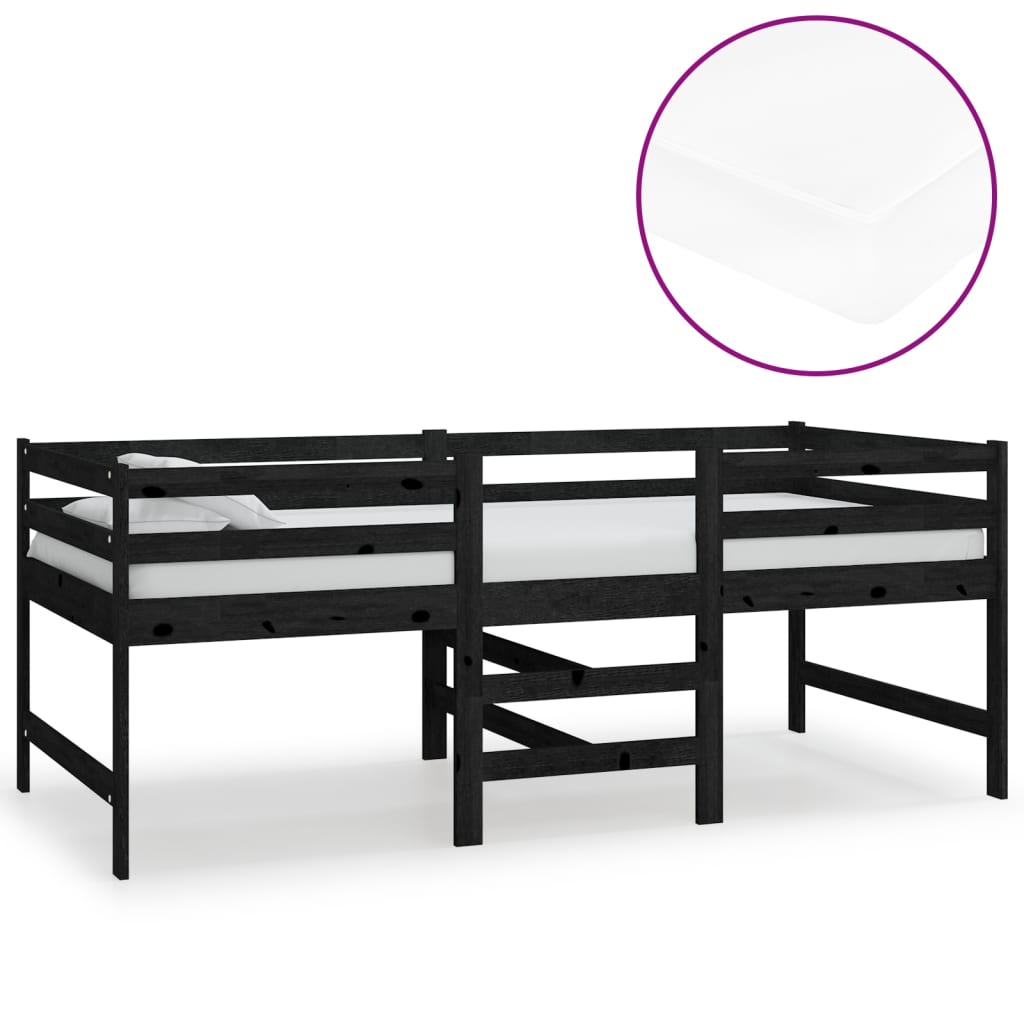 Letto Rialzato con Materasso 90x200 cm Nero in Massello di Pino