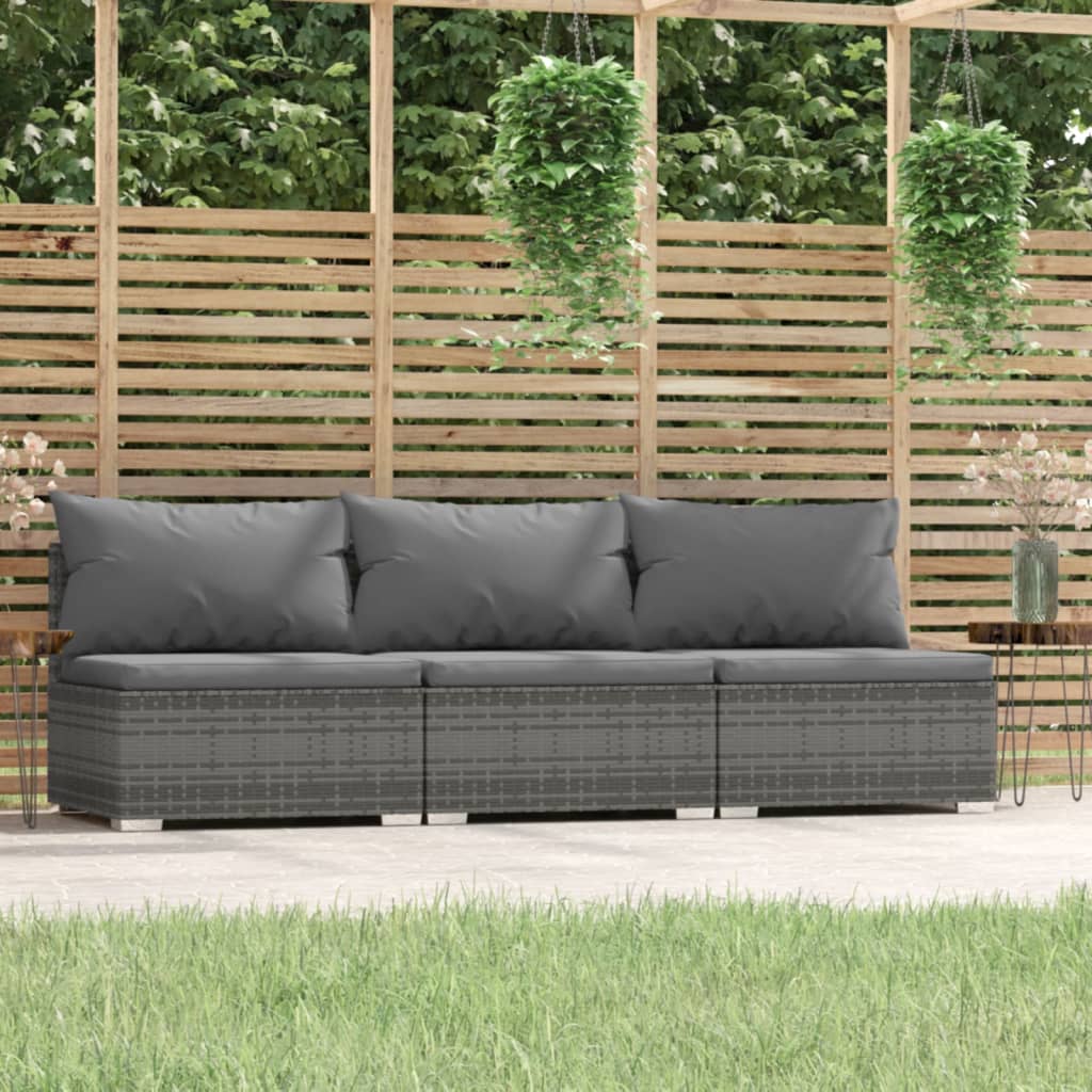 Divano a 3 Posti con Cuscini in Polyrattan Grigio