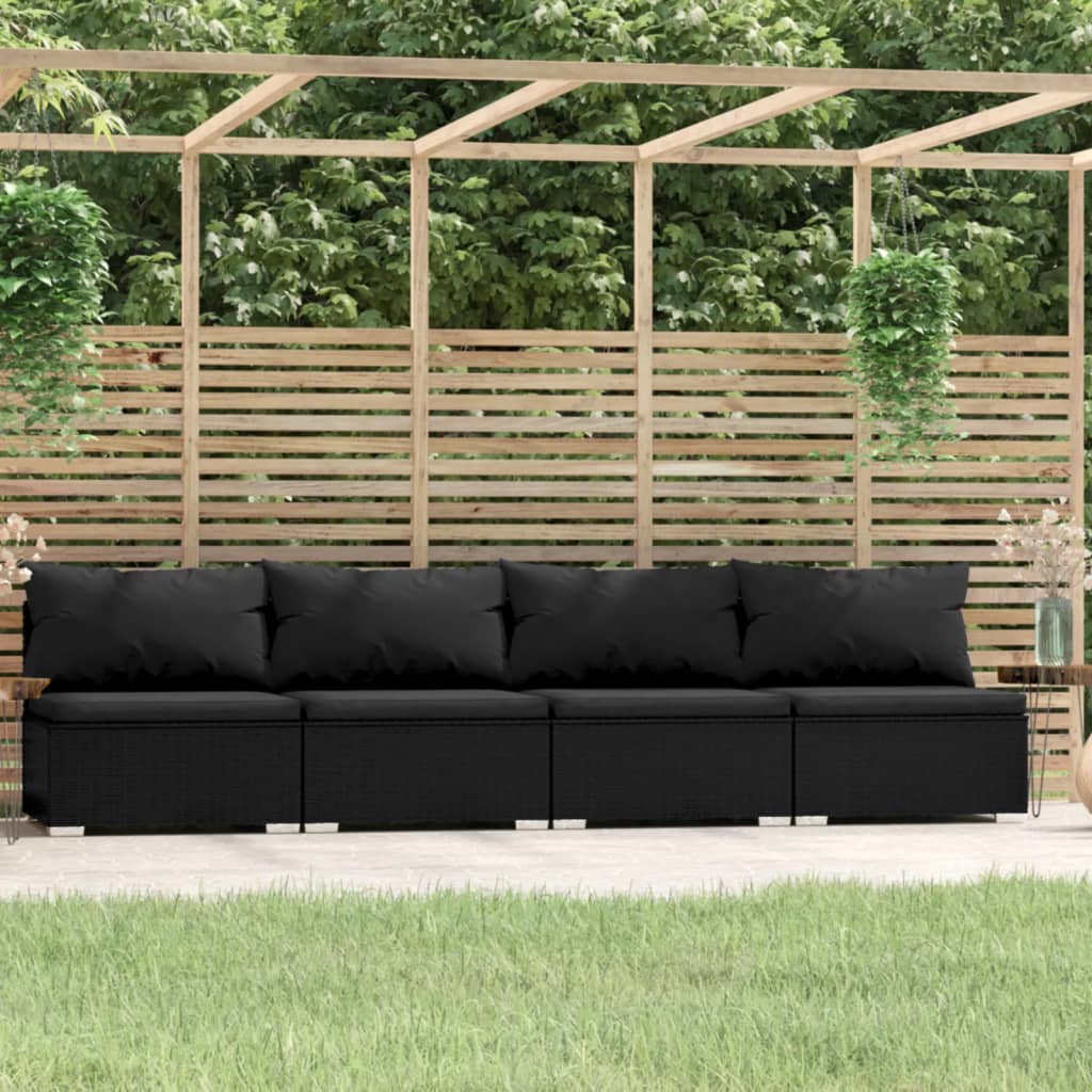 Divano a 4 Posti con Cuscini in Polyrattan Nero