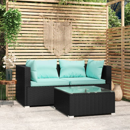 Set Divani da Giardino 3 pz con Cuscini in Polyrattan Nero