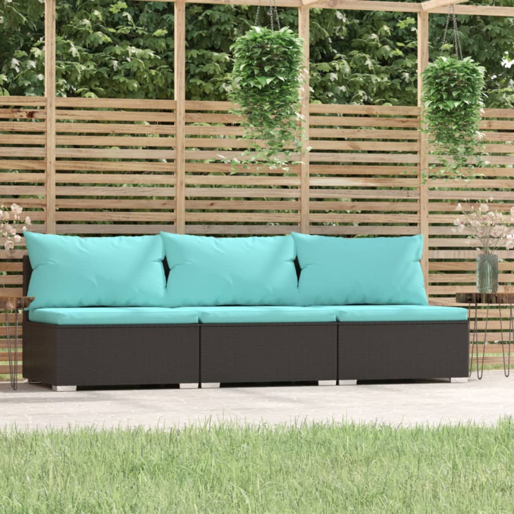 Divano a 3 Posti con Cuscini in Polyrattan Nero