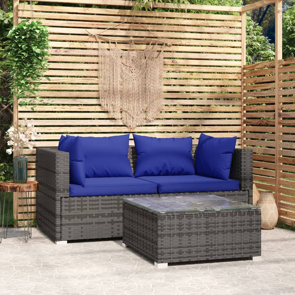Set Divani da Giardino 3 pz con Cuscini in Polyrattan Grigio