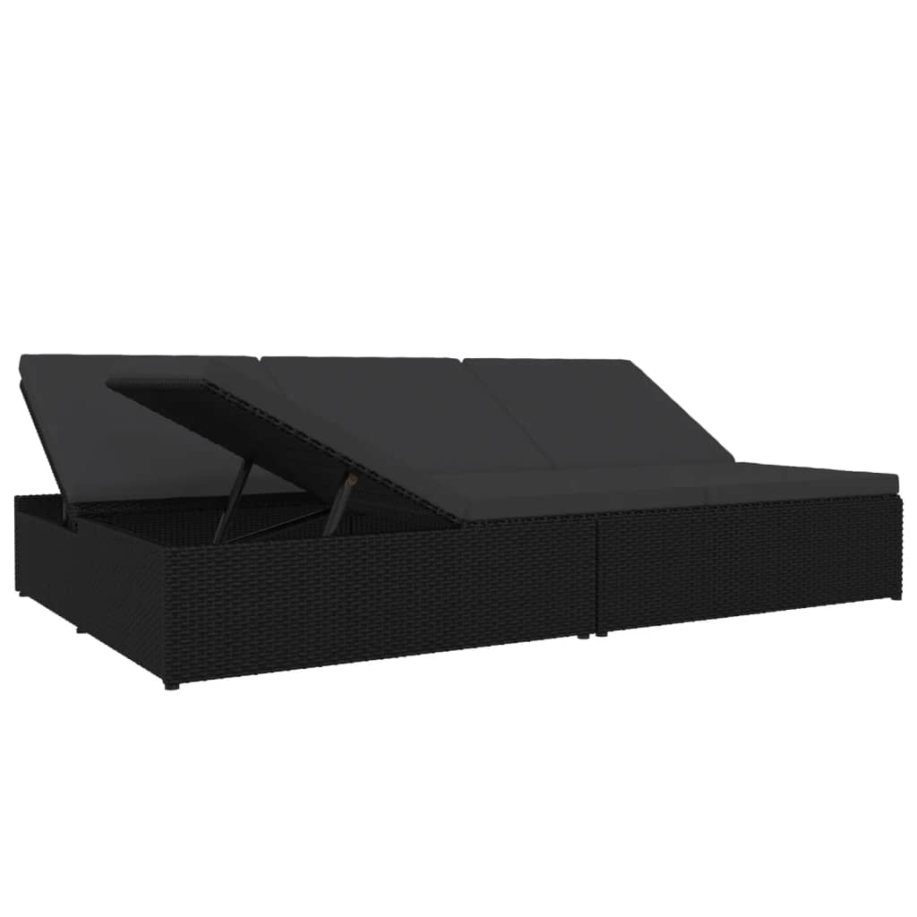 Lettino Prendisole Reclinabile con Cuscini in Polyrattan Nero