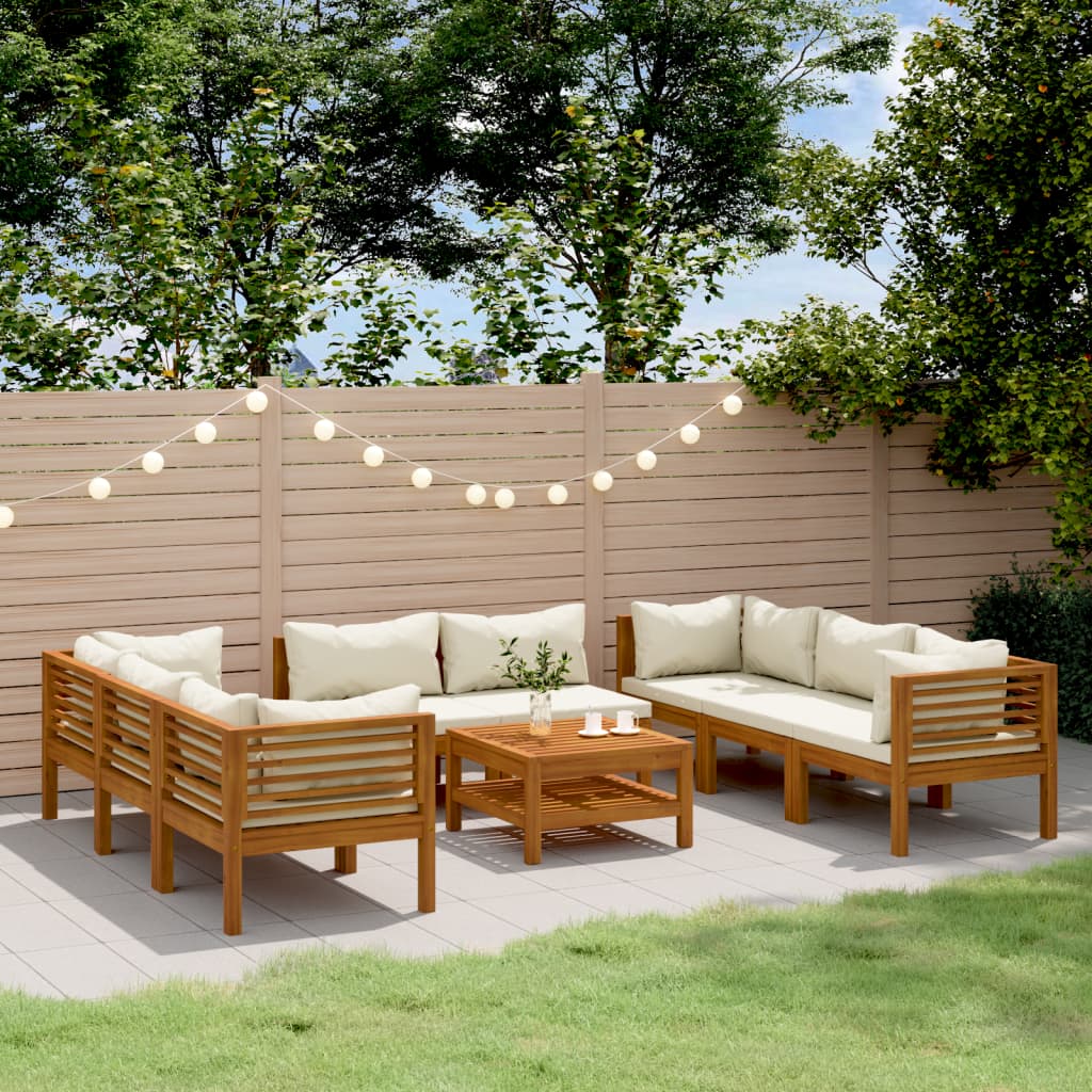Set Divani da Giardino 9 pz con Cuscini Crema in Legno Acacia