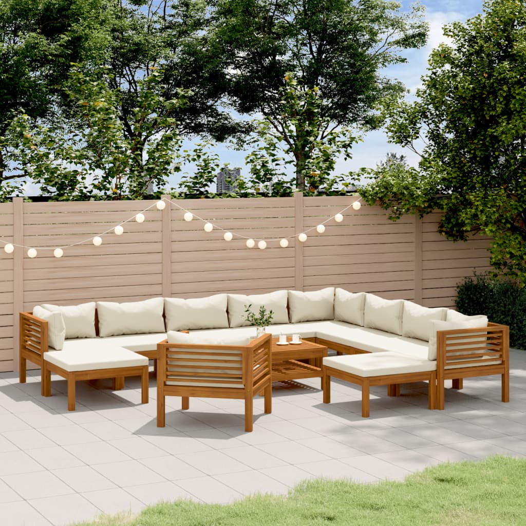 Set Divani da Giardino 12 pz con Cuscini Crema in Legno Acacia