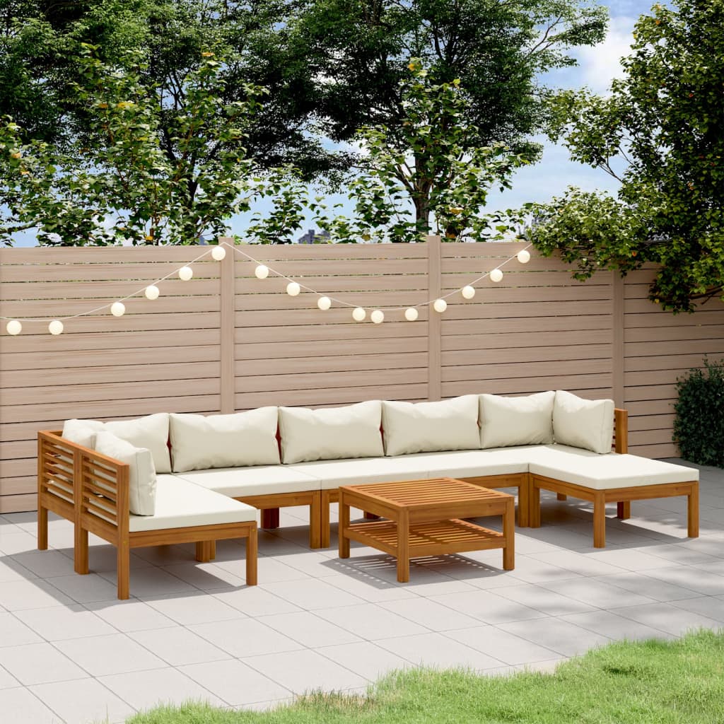 Set Divani da Giardino 8 pz con Cuscini Crema in Legno Acacia