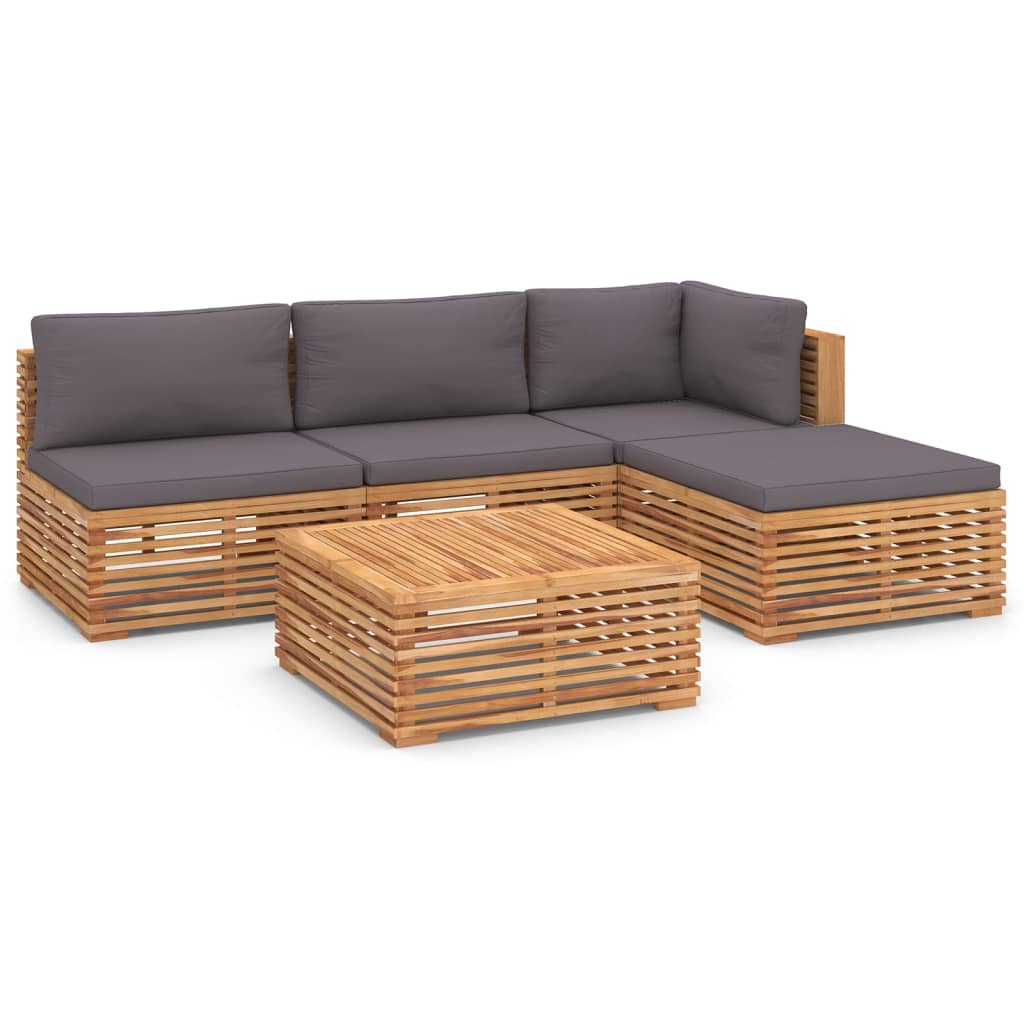 Set Divani da Giardino 5 pz Cuscini Grigio Scuro Legno di Teak