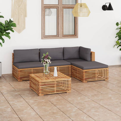 Set Divani da Giardino 5 pz Cuscini Grigio Scuro Legno di Teak