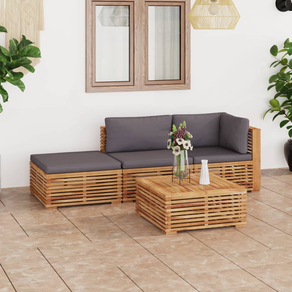 Set Divani da Giardino 4 pz Cuscini Grigio Scuro Legno di Teak