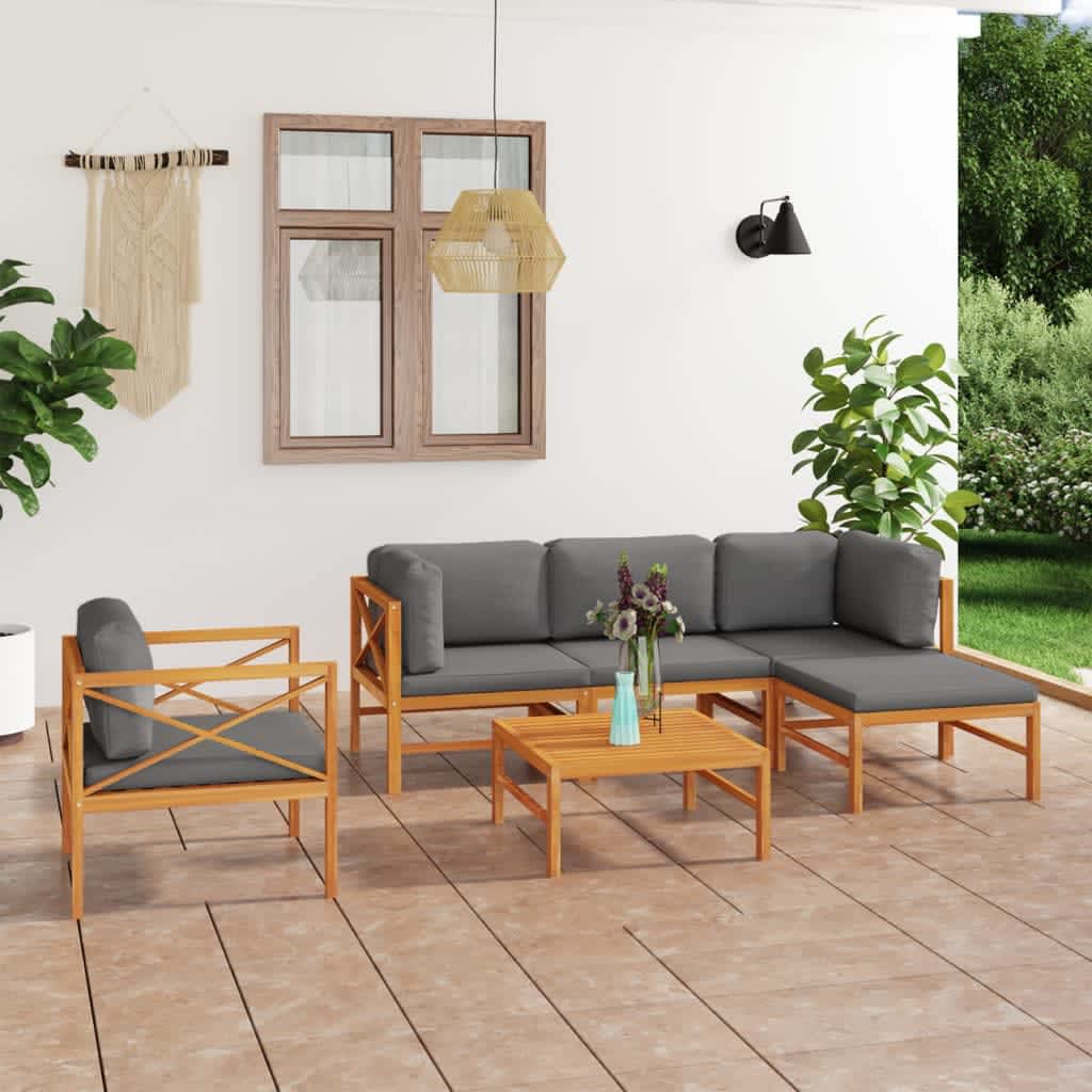 Set Divani da Giardino 6pz Cuscini Grigi Legno Massello di Teak