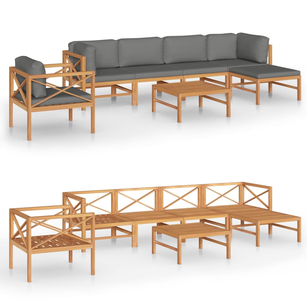 Set Divani Giardino 7pz Cuscini Grigi in Legno Massello di Teak