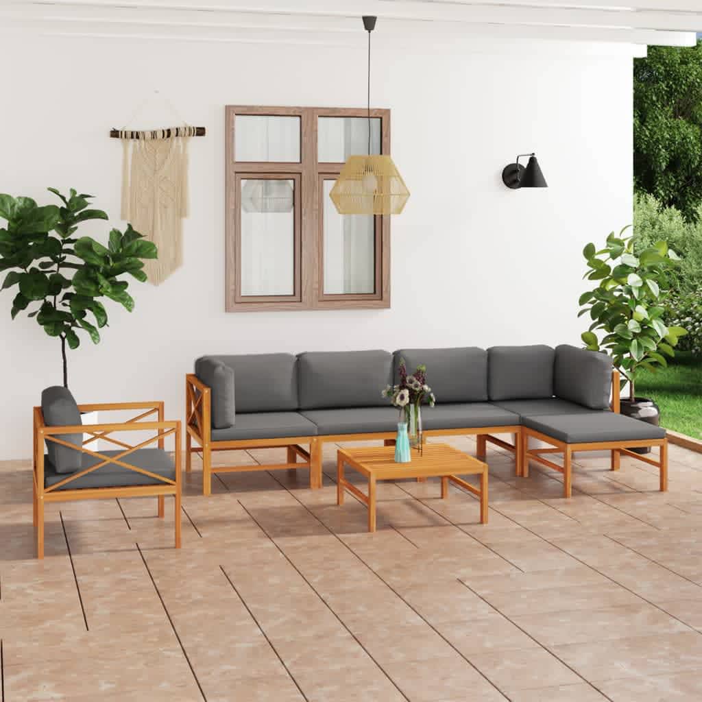 Set Divani Giardino 7pz Cuscini Grigi in Legno Massello di Teak