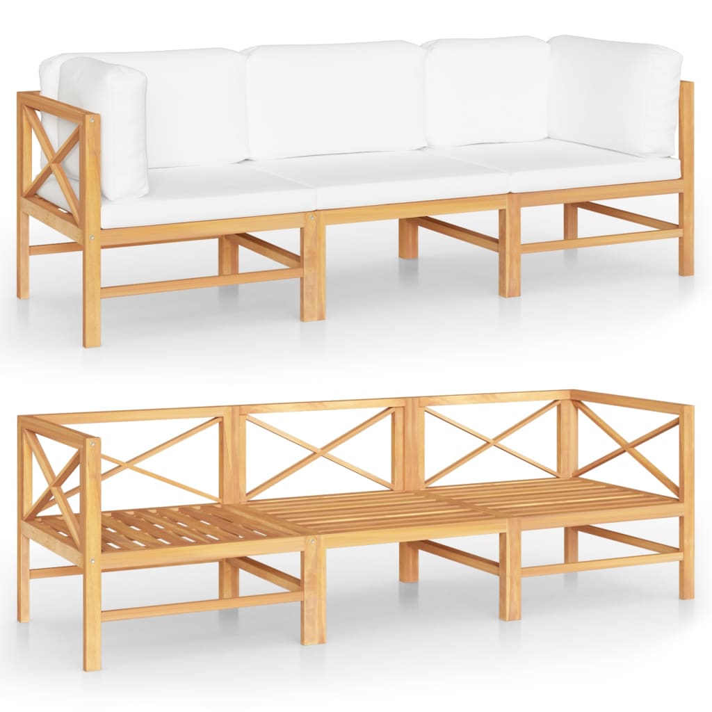 Divano da Giardino 3 Posti Cuscini Crema Legno Massello di Teak