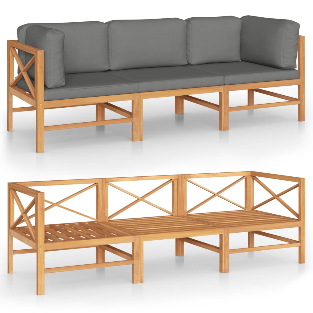 Divano da Giardino 3 Posti Cuscini Grigi Legno Massello di Teak