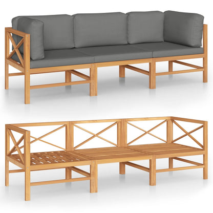 Divano da Giardino 3 Posti Cuscini Grigi Legno Massello di Teak