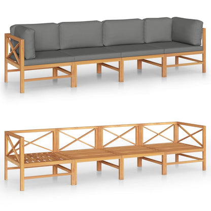 Divano da Giardino 4 Posti Cuscini Grigi Legno Massello di Teak