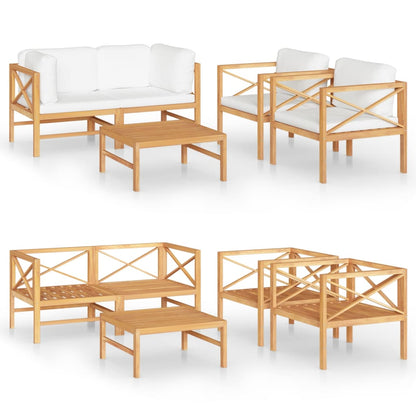 Set Divani da Giardino 5pz Cuscini Crema Legno Massello di Teak