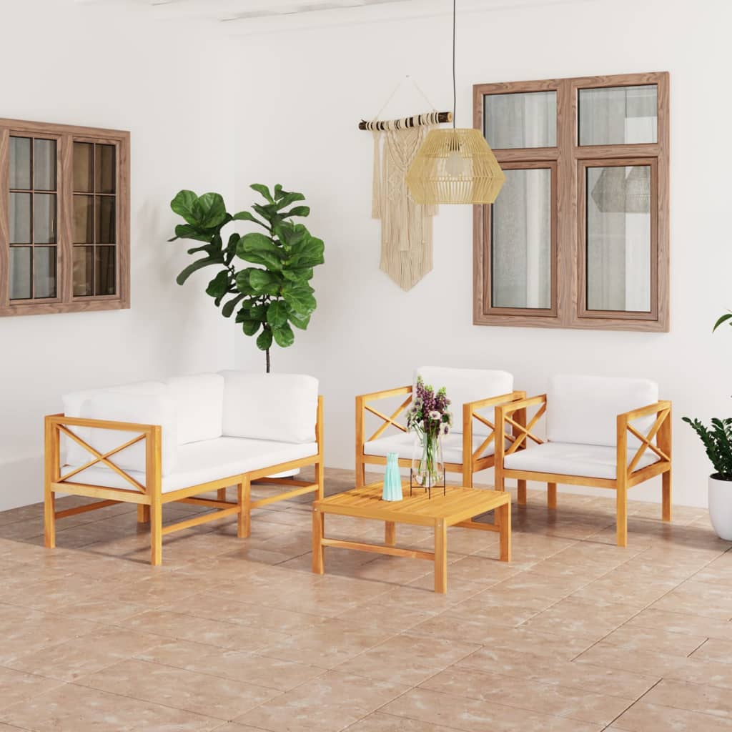 Set Divani da Giardino 5pz Cuscini Crema Legno Massello di Teak