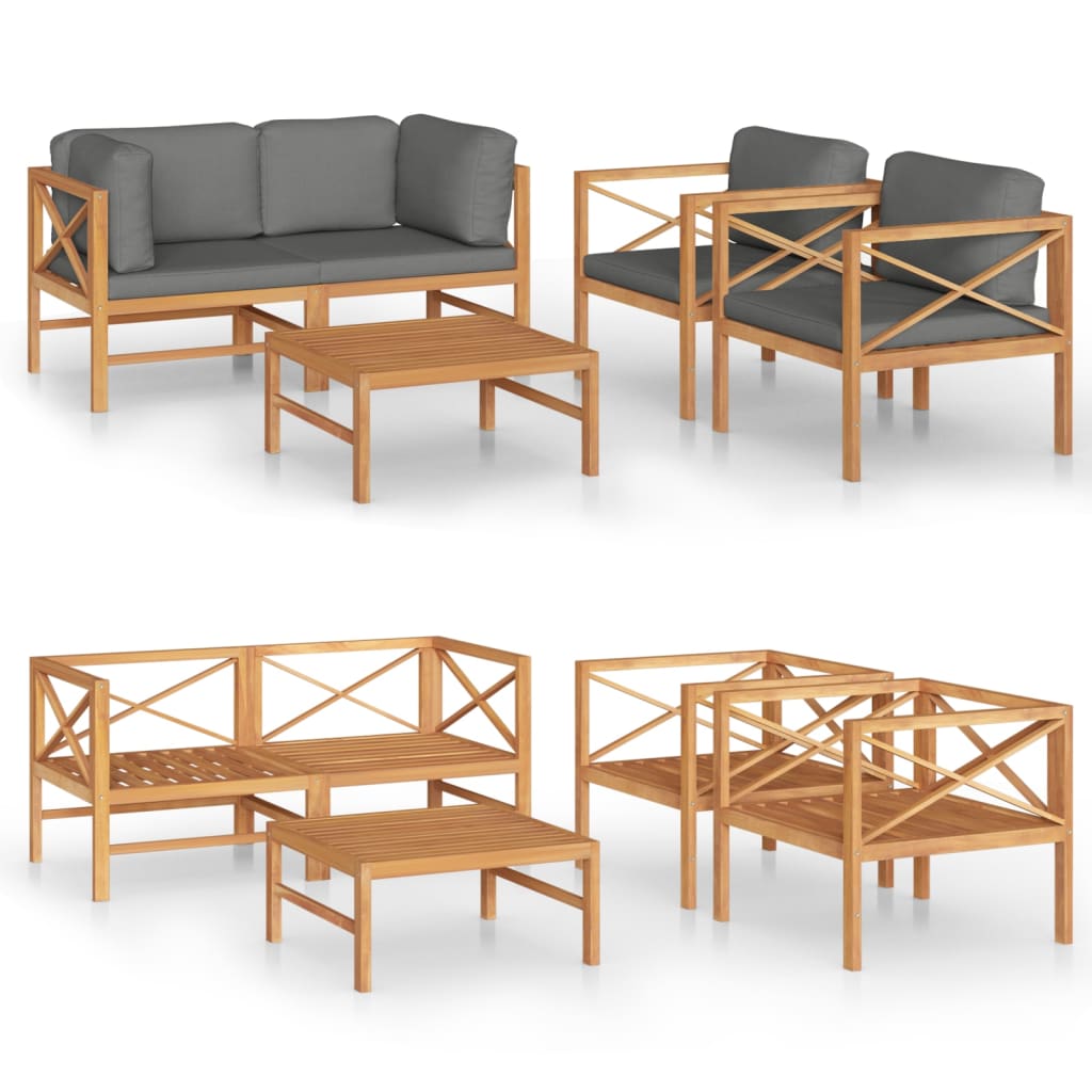 Set Divani da Giardino 5pz Cuscini Grigi Legno Massello di Teak