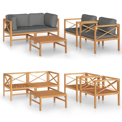 Set Divani da Giardino 5pz Cuscini Grigi Legno Massello di Teak