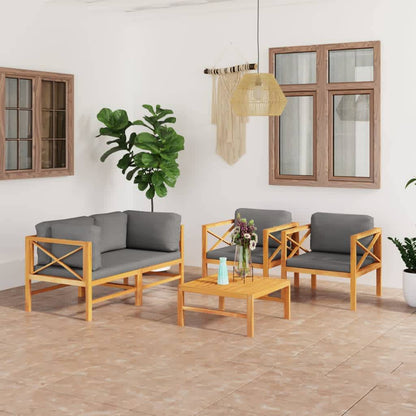 Set Divani da Giardino 5pz Cuscini Grigi Legno Massello di Teak