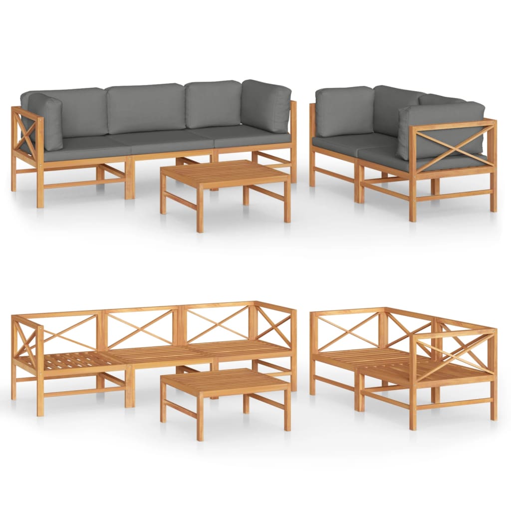Set Divani da Giardino 6pz Cuscini Crema Legno Massello di Teak