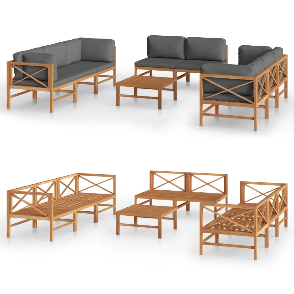 Set Divani da Giardino 9pz Cuscini Grigi Legno Massello di Teak