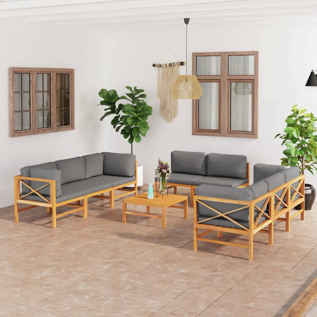 Set Divani da Giardino 9pz Cuscini Grigi Legno Massello di Teak