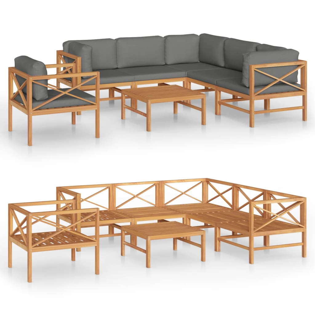Set Divani Giardino 7pz Cuscini Grigi in Legno Massello di Teak