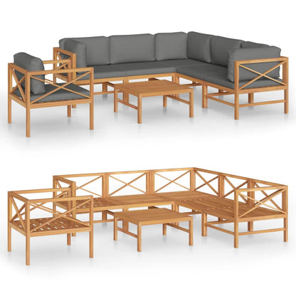 Set Divani Giardino 7pz Cuscini Grigi in Legno Massello di Teak