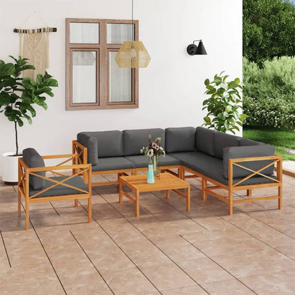 Set Divani Giardino 7pz Cuscini Grigi in Legno Massello di Teak