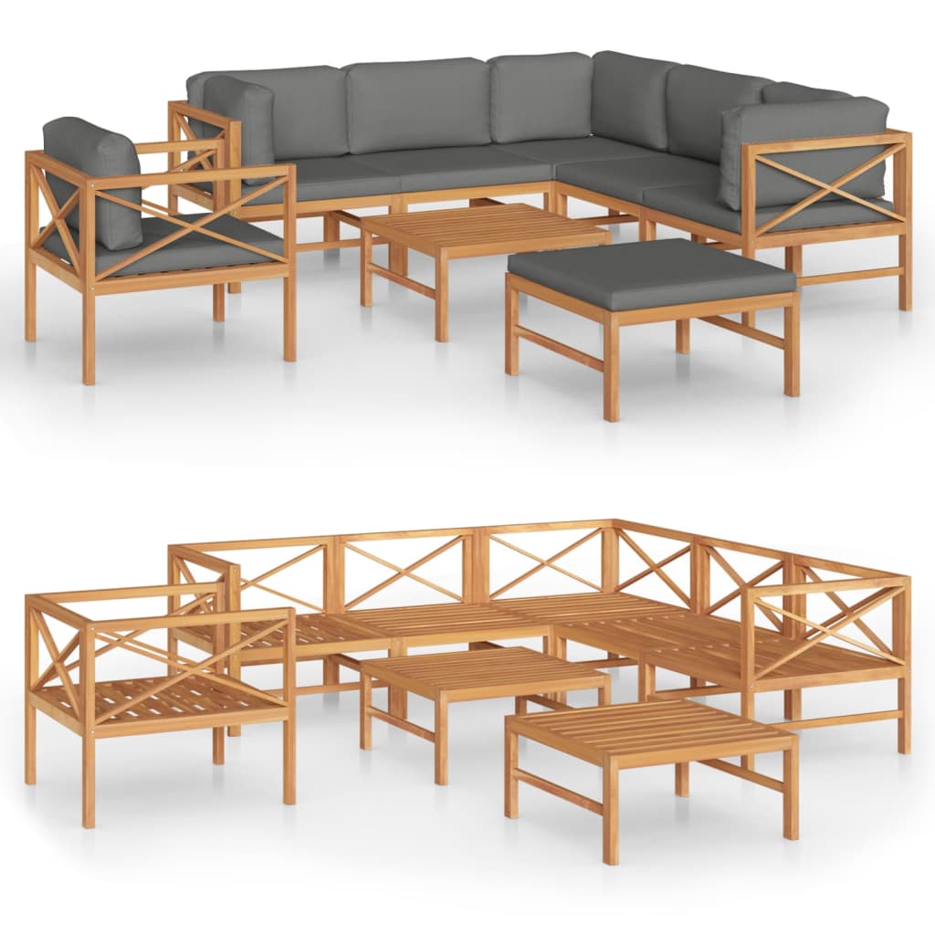 Set Divani da Giardino 8pz Cuscini Grigi Legno Massello di Teak