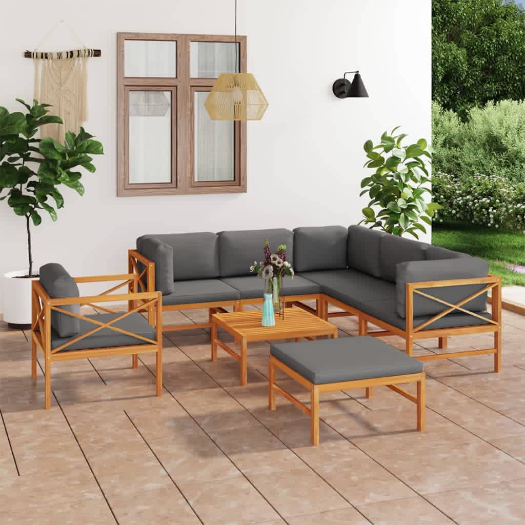 Set Divani da Giardino 8pz Cuscini Grigi Legno Massello di Teak