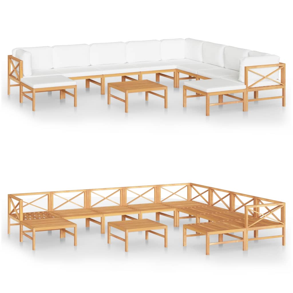 Set Divani Giardino 11 pz Cuscini Crema Legno Massello di Teak