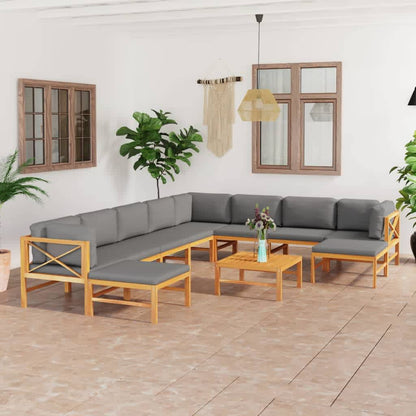 Set Divani Giardino 11 pz Cuscini Grigi Legno Massello di Teak