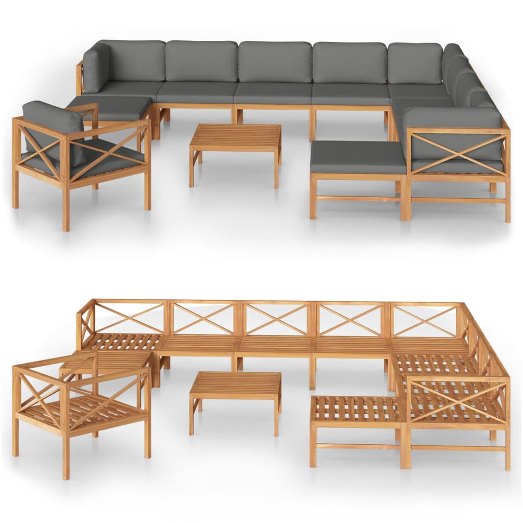Set Divani da Giardino 12pz Cuscini Grigi Legno Massello Teak