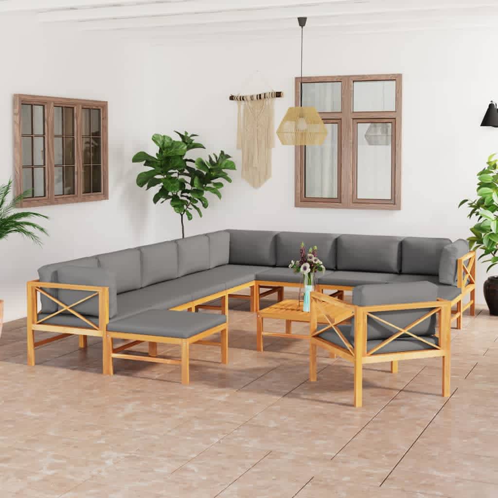 Set Divani da Giardino 12pz Cuscini Grigi Legno Massello Teak
