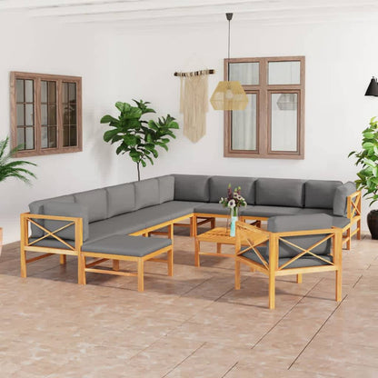 Set Divani da Giardino 12pz Cuscini Grigi Legno Massello Teak