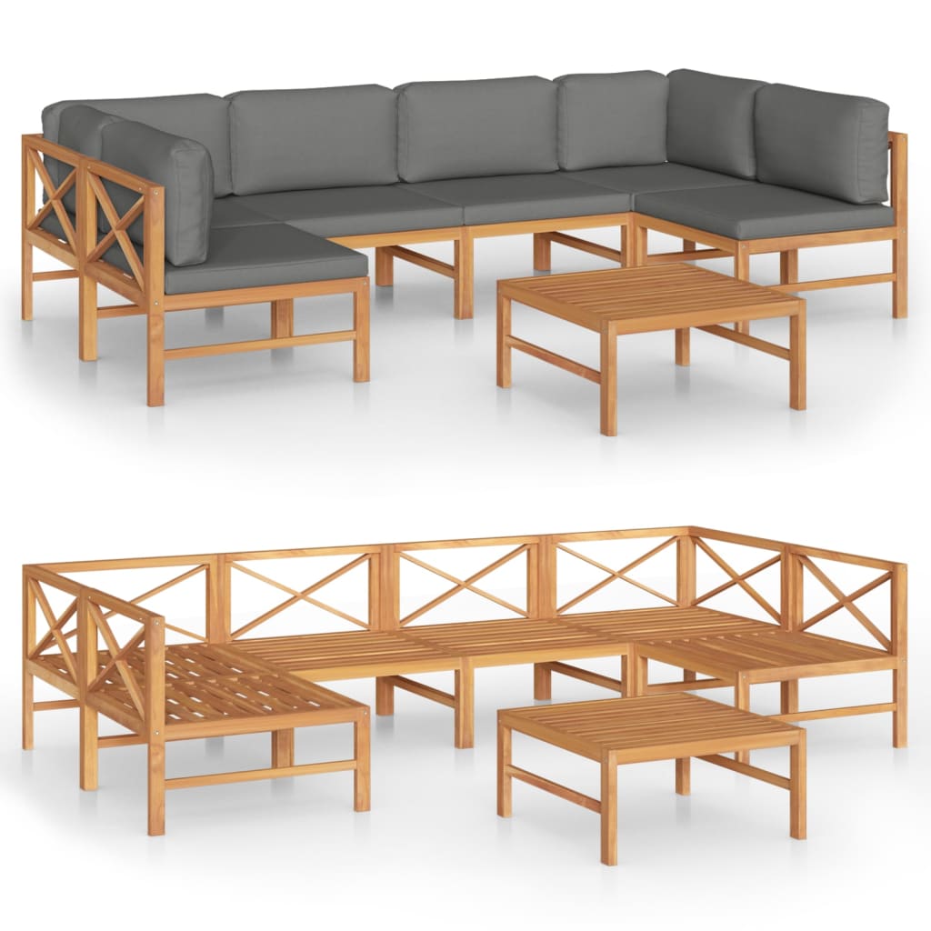 Set Divani da Giardino 7pz Cuscini Grigi Legno Massello di Teak