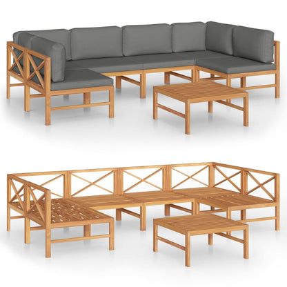 Set Divani da Giardino 7pz Cuscini Grigi Legno Massello di Teak