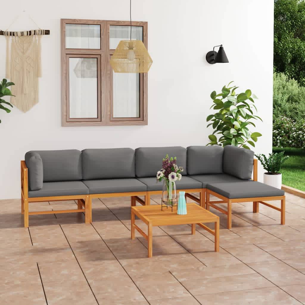 Set Divani Giardino 6pz Cuscini Grigi in Legno Massello di Teak