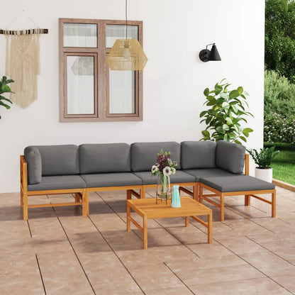 Set Divani Giardino 6pz Cuscini Grigi in Legno Massello di Teak